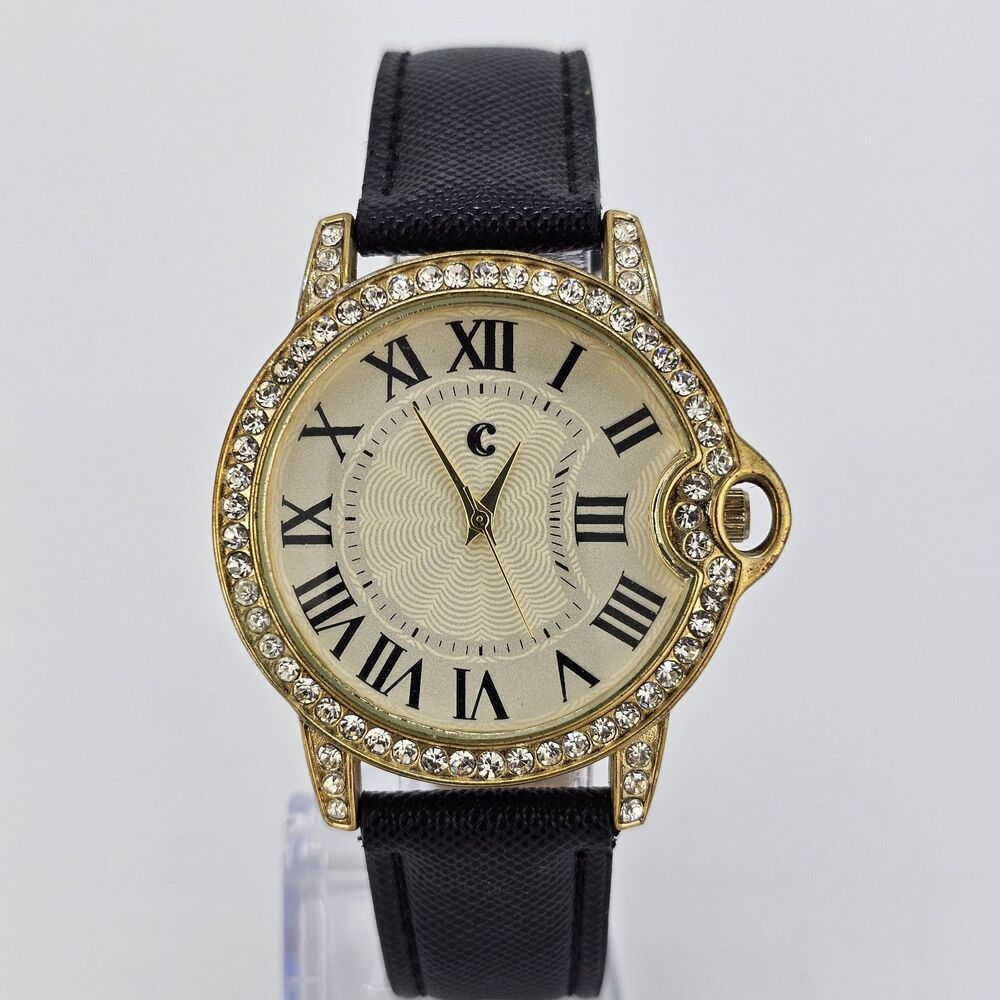 Charming Charlie Women’s Watch 40MM Gold Dial Black Leather Bands New Battery